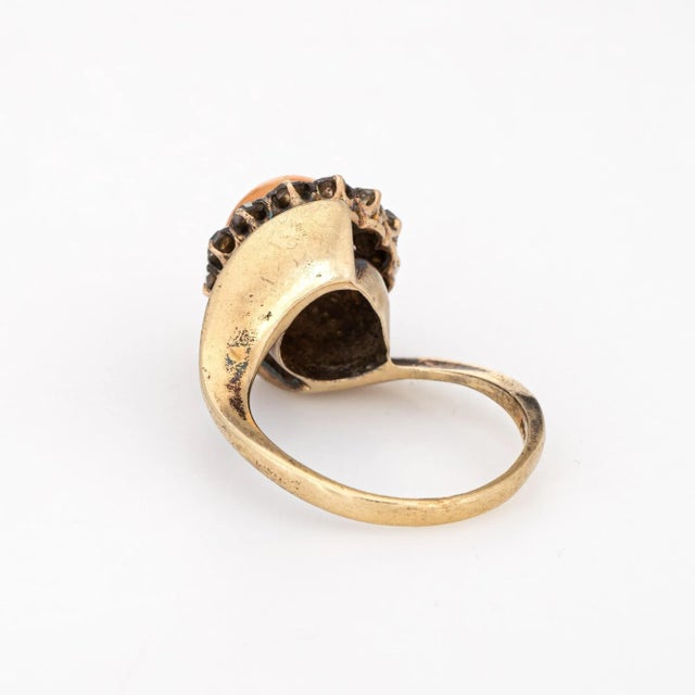 Late 19th Century Antique Victorian Ring Coral Rose Cut Diamond 14 Karat Yellow Gold Jewellery size 7 For Sale - Image 5 of 7