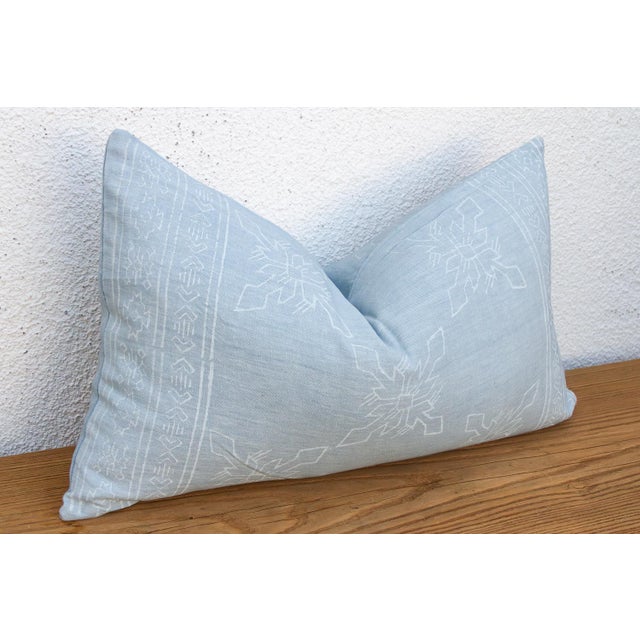 Blockprint Linen Jaipur Lumbar "Powder Blue" Pillow Cover For Sale - Image 4 of 5