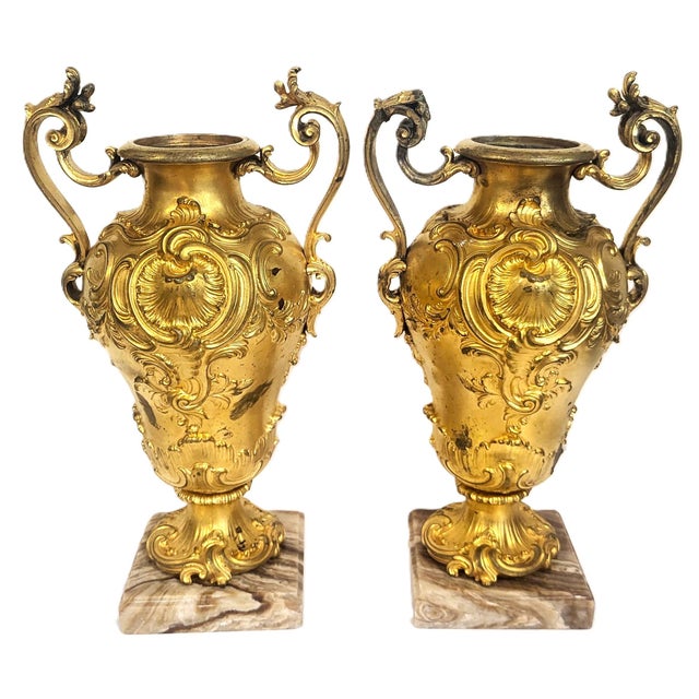 Rococo Pair Antique French 19th C Rococo Gilt Bronze Urns Barbedienne Vase on Marble For Sale - Image 3 of 18