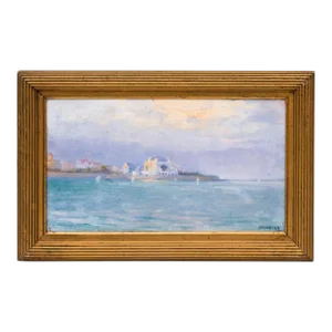 1950s Romanian Artist Dmitrie Florian Sea View of the Entrance to the Harbor of Venice Oil Painting