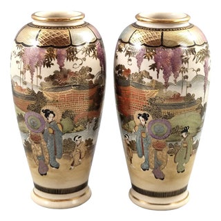 Japanese Shozan Satsuma Vases with Figural Garden Scenes, 1900s, Set of 2 For Sale