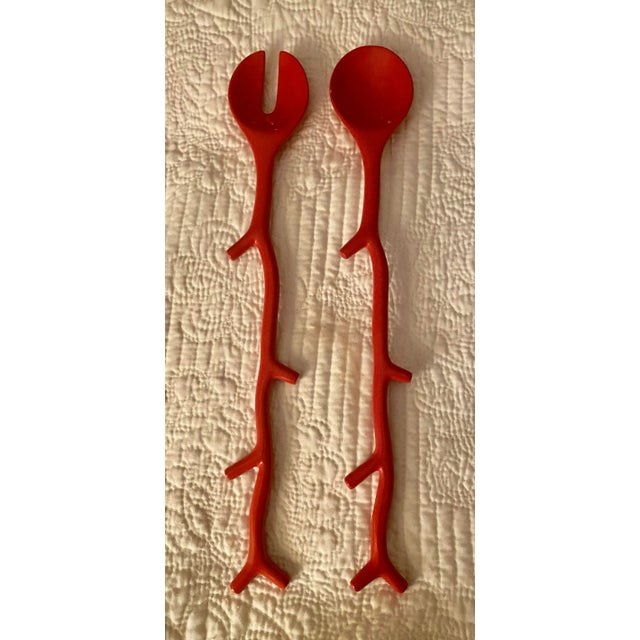 Nautical Coastal Red Lacquered Coral Salad Serving Set For Sale - Image 4 of 4