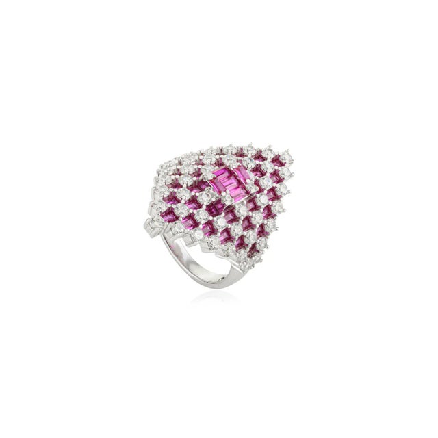 Art Deco Sterling Silver Marquise Cluster Ring With Pink & Clear Cubic Zirconia Stones- Size 6 For Sale - Image 3 of 10