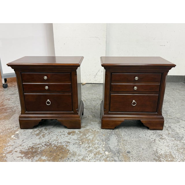 Traditional Dark Cherry Two Drawer Nightstands, Pair For Sale - Image 3 of 12