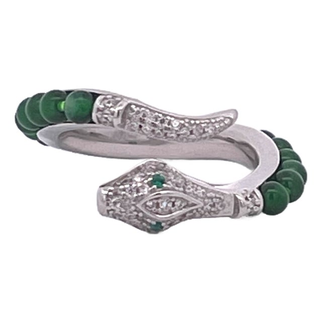 Silver Wrap-Style Cocktail Ring With Green Jade and Cubic Zirconia, Size 6.5 For Sale