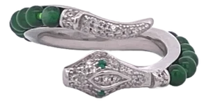 Silver Wrap-Style Cocktail Ring With Green Jade and Cubic Zirconia, Size 6.5