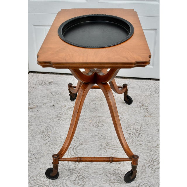 Fruitwood Serving Cart Mid Century Modern Removable Tray Rolling Bar Table 60s For Sale In Philadelphia - Image 6 of 12