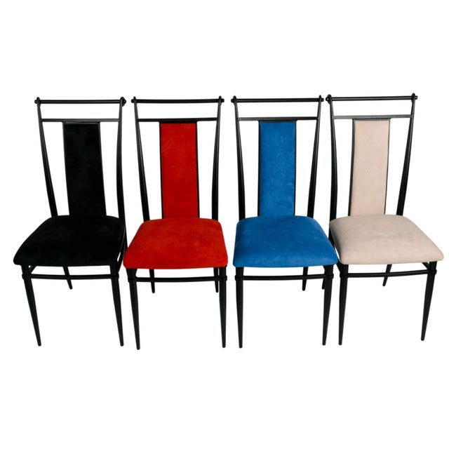 Make a bold design statement with this striking set of four postmodern dining chairs, each upholstered in a different...
