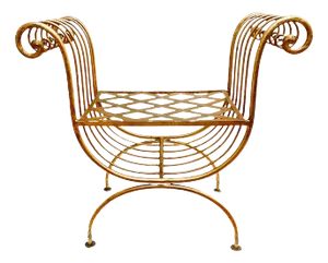 1960 Italian Hollywood Regency Gilt Wrought Iron Curule Bench