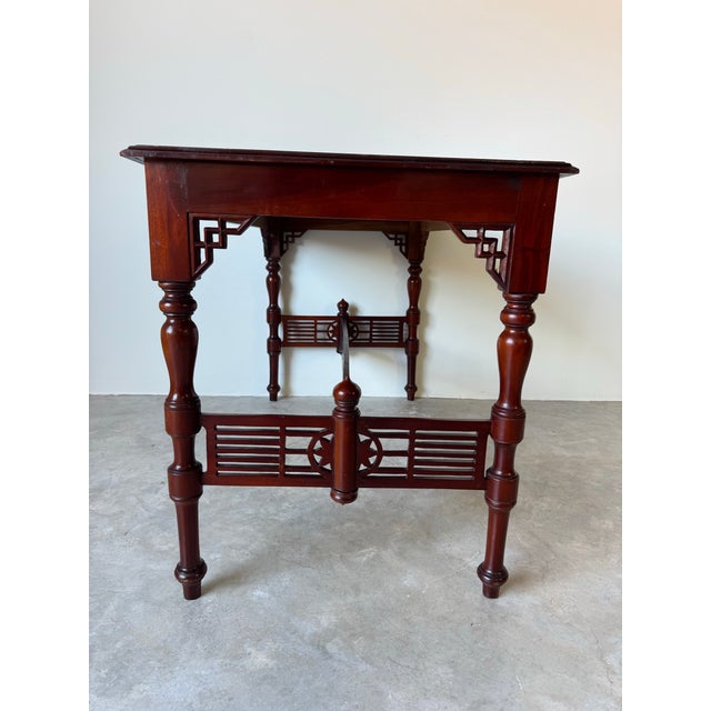 Vintage Chinese Carved Solid Mahogany Console Table With Latticework Details/ Sold For Sale - Image 9 of 11