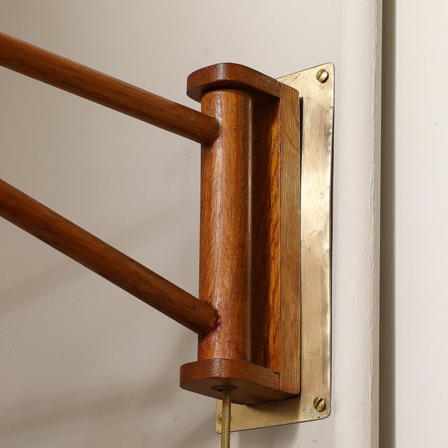 Mid-Century Modernist Milk Glass & Teak Swing Arm Wall Sconce W/ Brass Fittings For Sale - Image 12 of 12