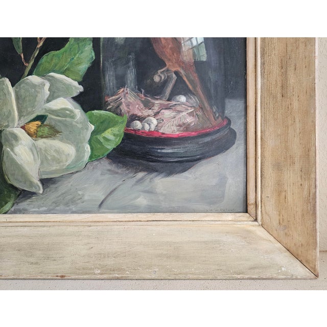 Wood Mid 20th Century Virginia Woolley Original Oil Painting Cardinal Under Glass With Magnolia Framed For Sale - Image 7 of 12