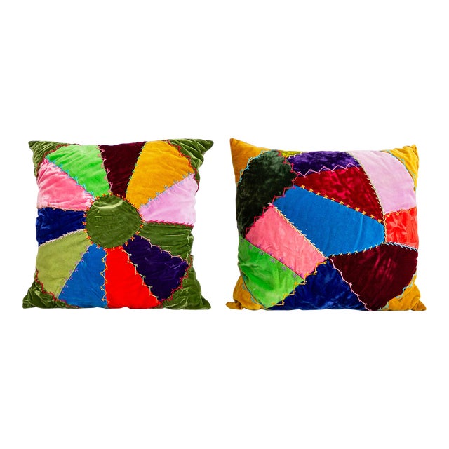 Velvet Crazy Quilt Multi Colored Patchwork Accent Pillows | Pair of Two For Sale