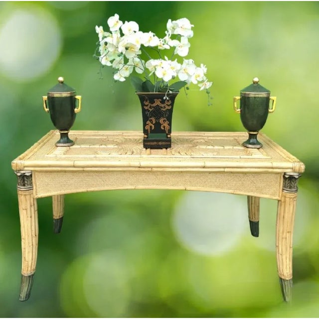 Tan Vintage Coastal Regency Double Palm Tree Carved Wicker Bamboo Desk Dining Table For Sale - Image 8 of 12