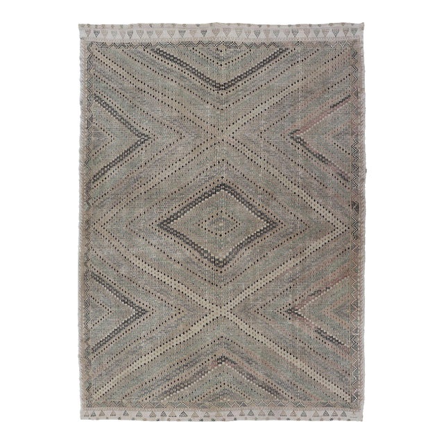 Vintage Turkish Embroidered Flat-Weave Rug With Geometric Design 7'4 X 10'6 For Sale