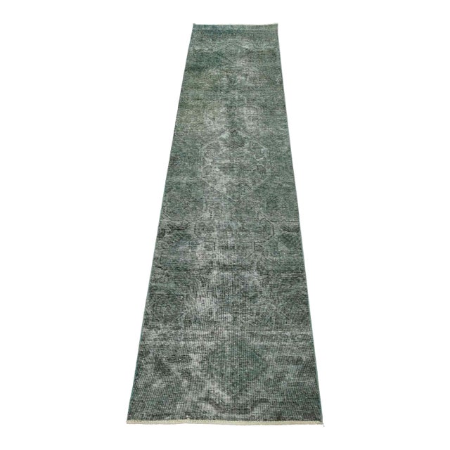Tabriz Runner 2’5” X 9’6” Blue Wool Vintage Overdyed Hand-Knotted Rug For Sale
