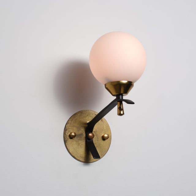 Mid-Century Modern Vintage Italian Wall Sconces in Brass and Opaline Glass Shade, 1950s, Set of 2 For Sale - Image 3 of 11