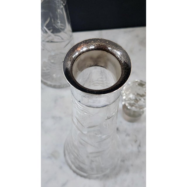 Antique English Sterling Silver & Cut Crystal Decanter Pair — 1899 Birmingham j.g & S Hallmarked, Etched Floral Pattern, Edwardian Bar Cart Accents For Sale - Image 9 of 16