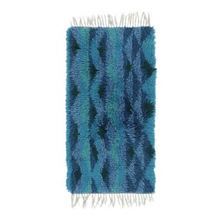 Vintage Swedish Rya Runner With Blue and Turquoise Geometric Pattern - Rug & Kilim For Sale
