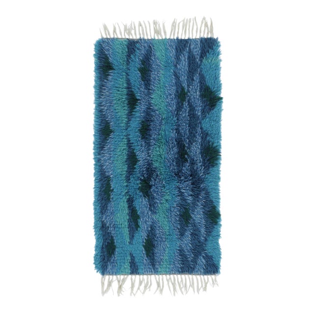 Vintage Swedish Rya Runner With Blue and Turquoise Geometric Pattern - Rug & Kilim For Sale