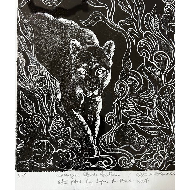 Vintage Impressionist Woodcut Print of Florida Panther in Wood Frame For Sale In Philadelphia - Image 6 of 8