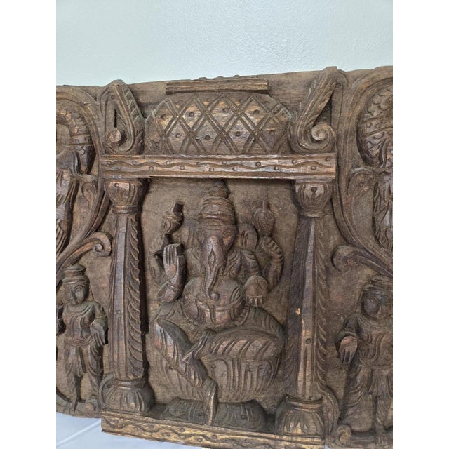 Hindu Hand-Carved Wooden Ganesha Wall Hanging Panel Sculpture, 1950s For Sale - Image 6 of 10