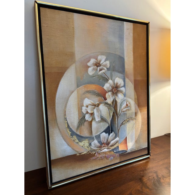 Original Oriental Style Floral Painting With Gold Leaf, Dated 1981 Signed For Sale In Greenville, SC - Image 6 of 15