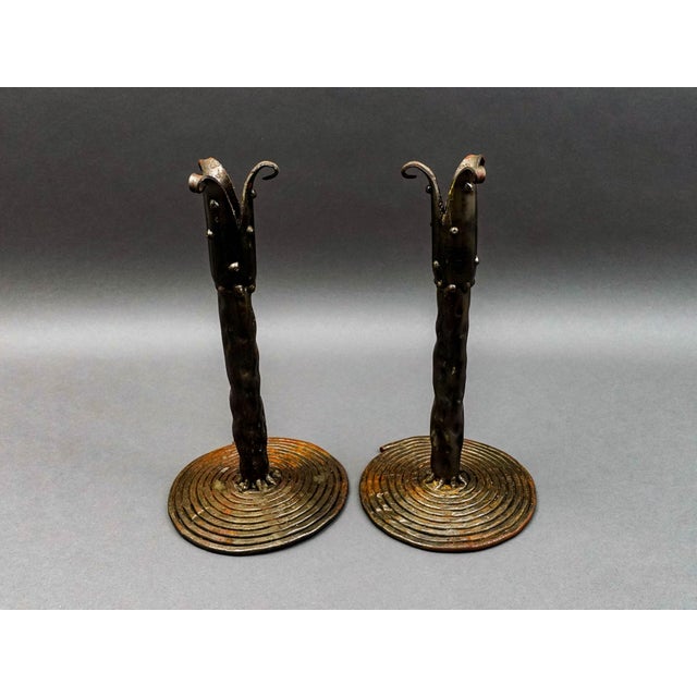 Brutalist Vintage Brutalist Studio Iron Metal Art Candlestick Holders - a Pair For Sale - Image 3 of 8