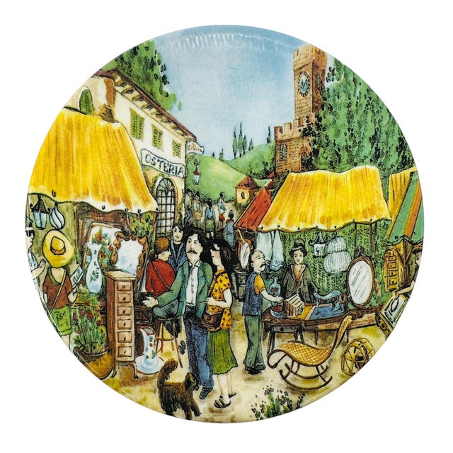 Brunelli Designs 1980s Vintage Brunelli Designs Made in Italy Folk Art Market Scene Ceramic Salad Plates - Set of 6 For Sale - Image 4 of 18