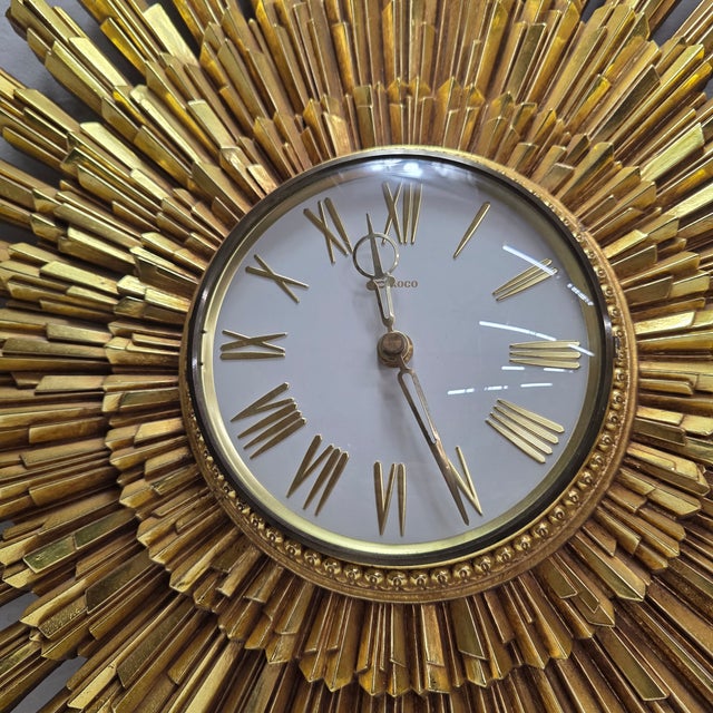 Circa 1969 Syroco Sculptural Gold Starburst Wall Clock For Sale - Image 6 of 10