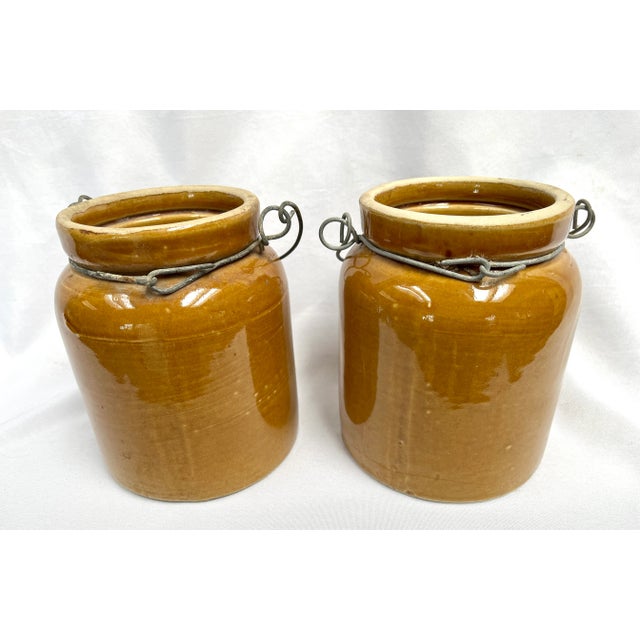 Metal Antique Glazed French Crocks With Metal Carriers - a Pair For Sale - Image 7 of 9