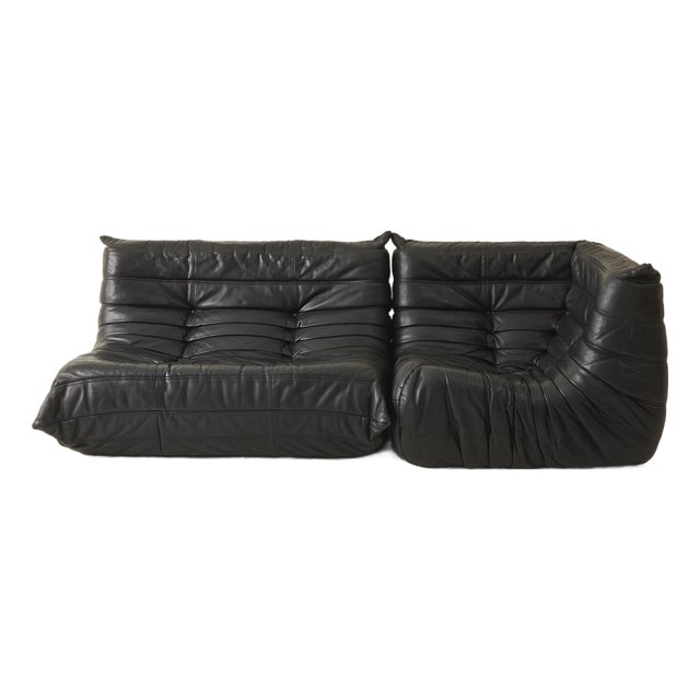 Togo Black Leather 2 Seater Sofa Attributed to Michel Ducaroy for Ligne Roset, 1970s For Sale