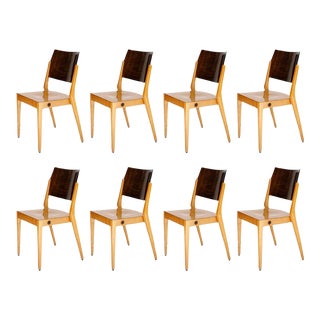 Set of 8 Stacking Chairs by Karl Schwanzer, Thonet, Bicolored Wood, Austria, 1953 For Sale