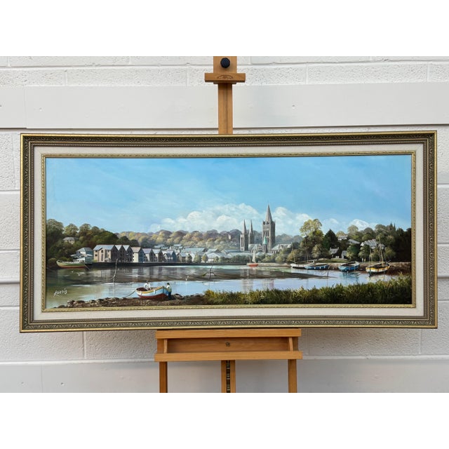 Painting of Figures & Boats on Truro Harbour with Cathedral by British Artist 1985 Circa For Sale - Image 4 of 18