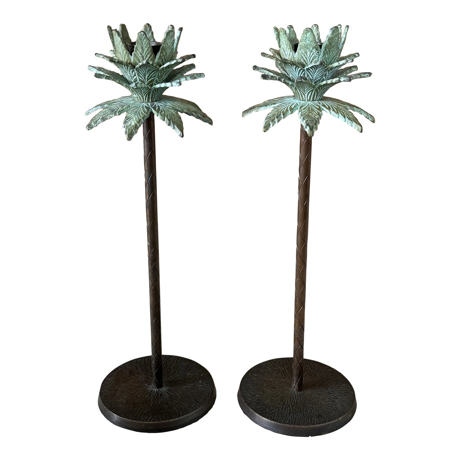 Pair of Tropical Coastal Palm Tree Metal Candlesticks With Verdigris ...