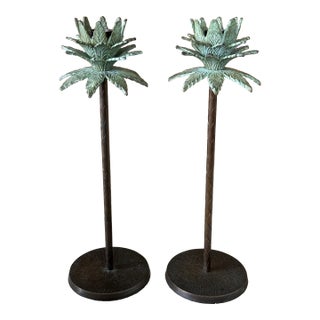 Pair of Tropical Coastal Palm Tree Metal Candlesticks With Verdigris Green Fronds For Sale