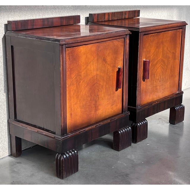 Art Deco Art Deco Walnut Slab Side Cabinets or Nightstands With Carved Base, 1930s For Sale - Image 3 of 11