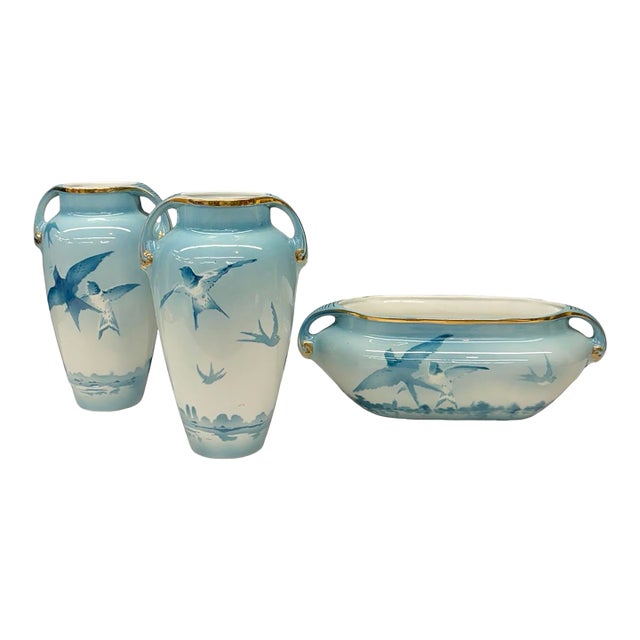 19th Century French Faience Three-Piece Vase and Jardinière Set With Swallows by Keller and Guerin For Sale