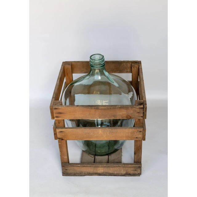 Transparent 1960s Demijohn Glass Bottle With Wood Crate Set- 2 Pieces For Sale - Image 8 of 8