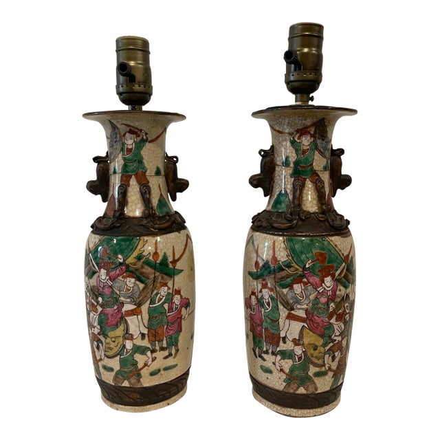 Pair of Antique Chinese Nanking Famille Verte Vases Mounted as Lamps For Sale