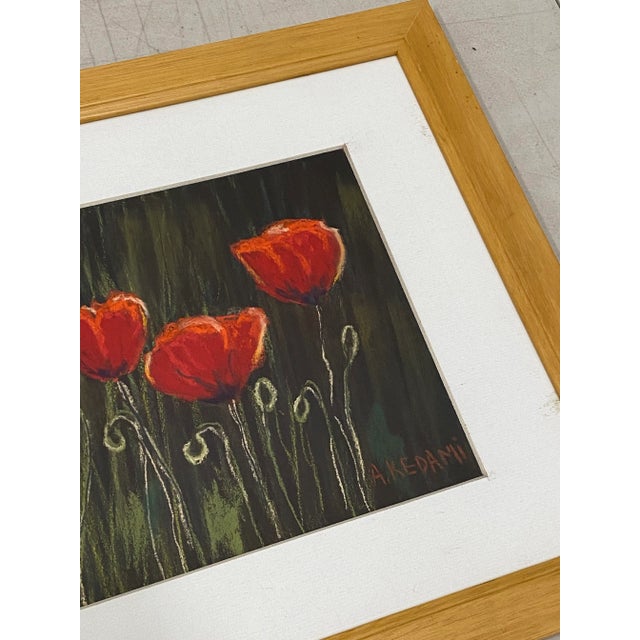 Red Poppies Original Oil Pastel on Paper by A. Kedami 20th c. Dimensions 32" wide x 7.5" high. The contemporary frame...