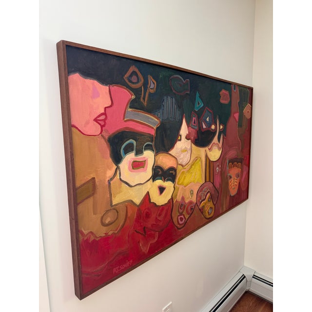 This is a vibrant and colorful oil on linen painting titled ‘Infamous Facades’ by listed Chicago artist Molly Schiff...