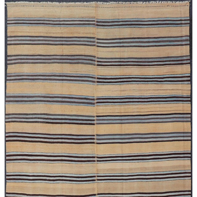 Mid 20th Century Turkish Vintage Kilim Striped Rug in Brown, Blue & Cream 5'3 X 12'4 For Sale - Image 5 of 11