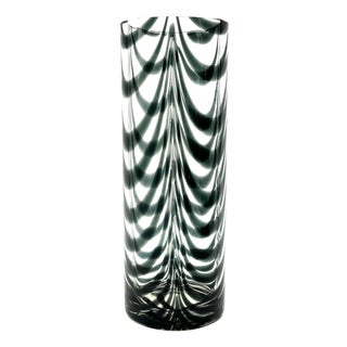 Hand-Blown Studio Glass Cylindrical Vase with Dark Green Spring Comb Design, 1970s For Sale