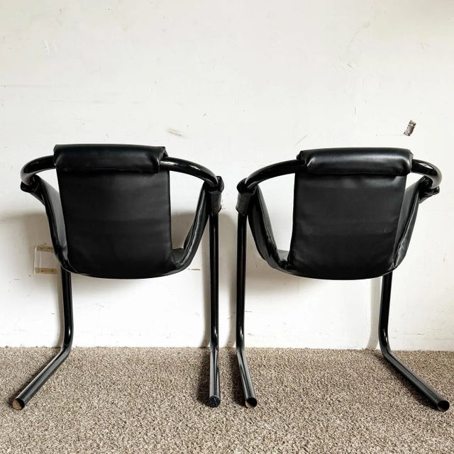 1970s Black Vinyl on Black Metal Zermatt Tubular Sling Chairs Vecta For Sale - Image 4 of 10