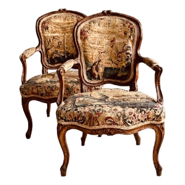 Pair of Early 19th Century French Louis XV Style Children's Armchairs, Aubusson Tapestry Fauteuils, Carved Walnut Cabriole Legs For Sale