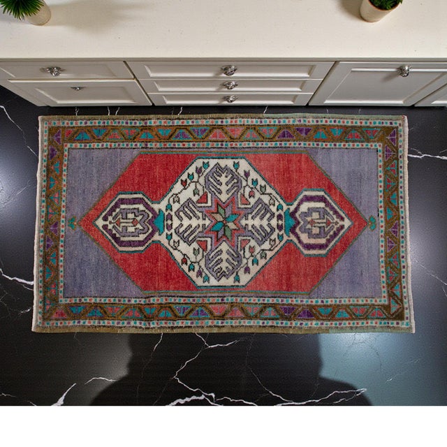 Vintage Turkish Hand-Knotted Small Rug from Oushak / Aegean, 1970, featuring warm coral tones and authentic village...