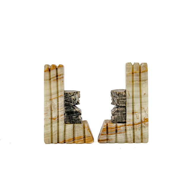 Vintage Mid-Century Modern Hand Carved Mexican Onyx and Marble Bookends. Featuring geometric fluted pillars and...