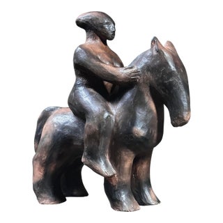 Vintage Modernist Wood Fired Clay Sculpture of Woman on Horse/Botero/Picasso For Sale