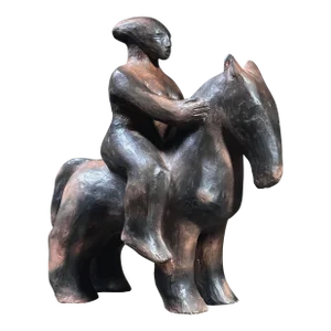 Vintage Modernist Wood Fired Clay Sculpture of Woman on Horse/Botero/Picasso
